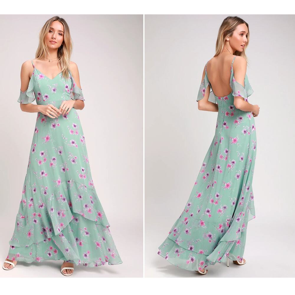 LulusTake You There Mint Green Floral Print Maxi Dress XS NWT